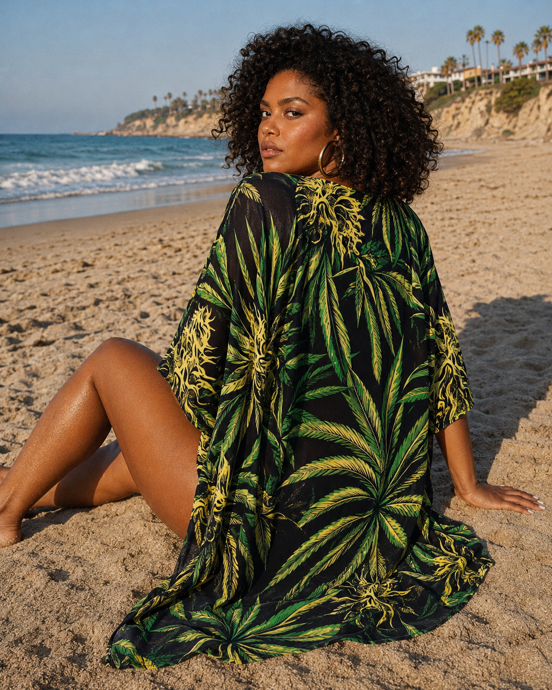 Jane Dope big buds print beach cover-up, front view on model