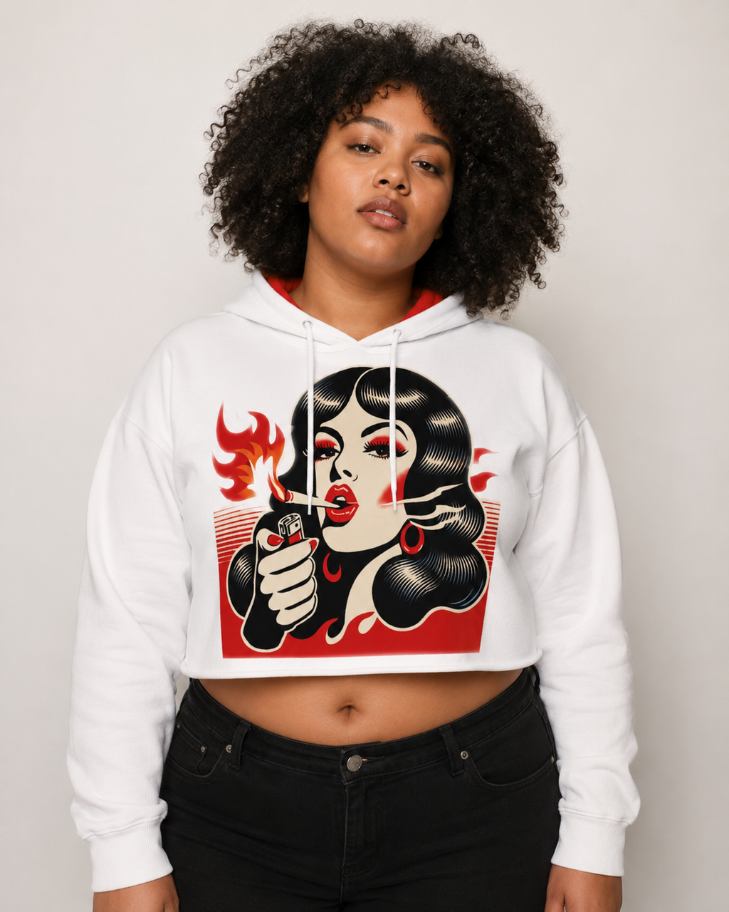 Jane Dope Burn Em graphic print women's cropped hoodie, front view on model