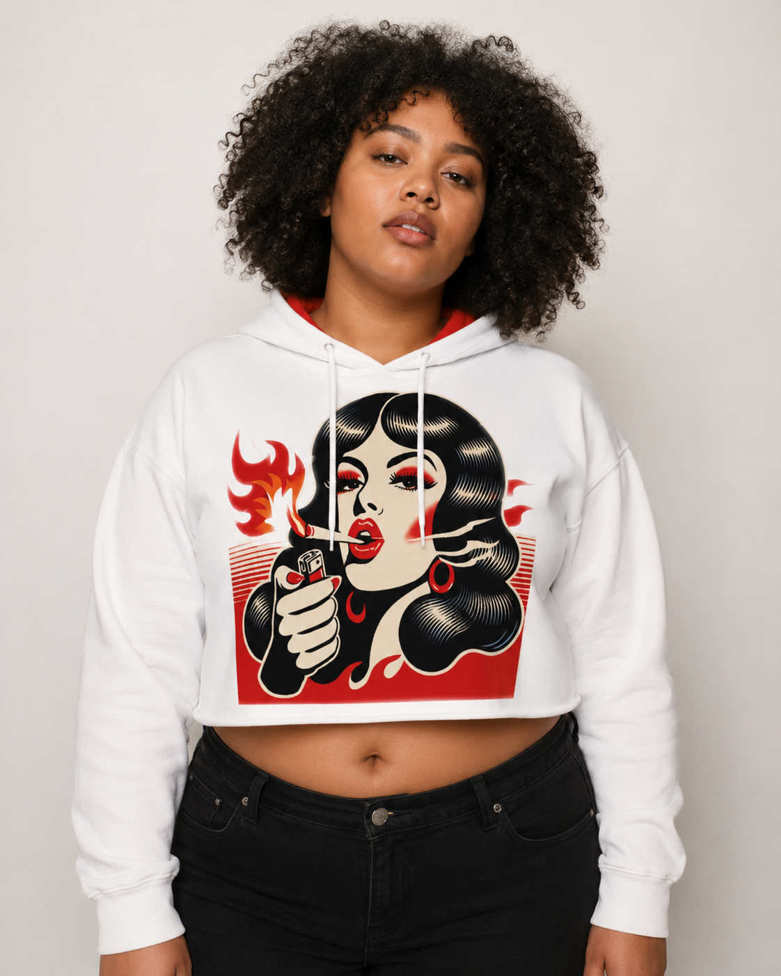 Jane Dope Burn Em graphic print women's cropped hoodie, front view on model