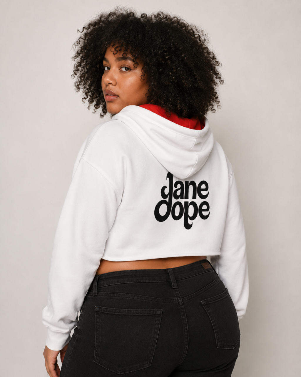 Jane Dope Burn Em graphic print women's cropped hoodie, back view on model