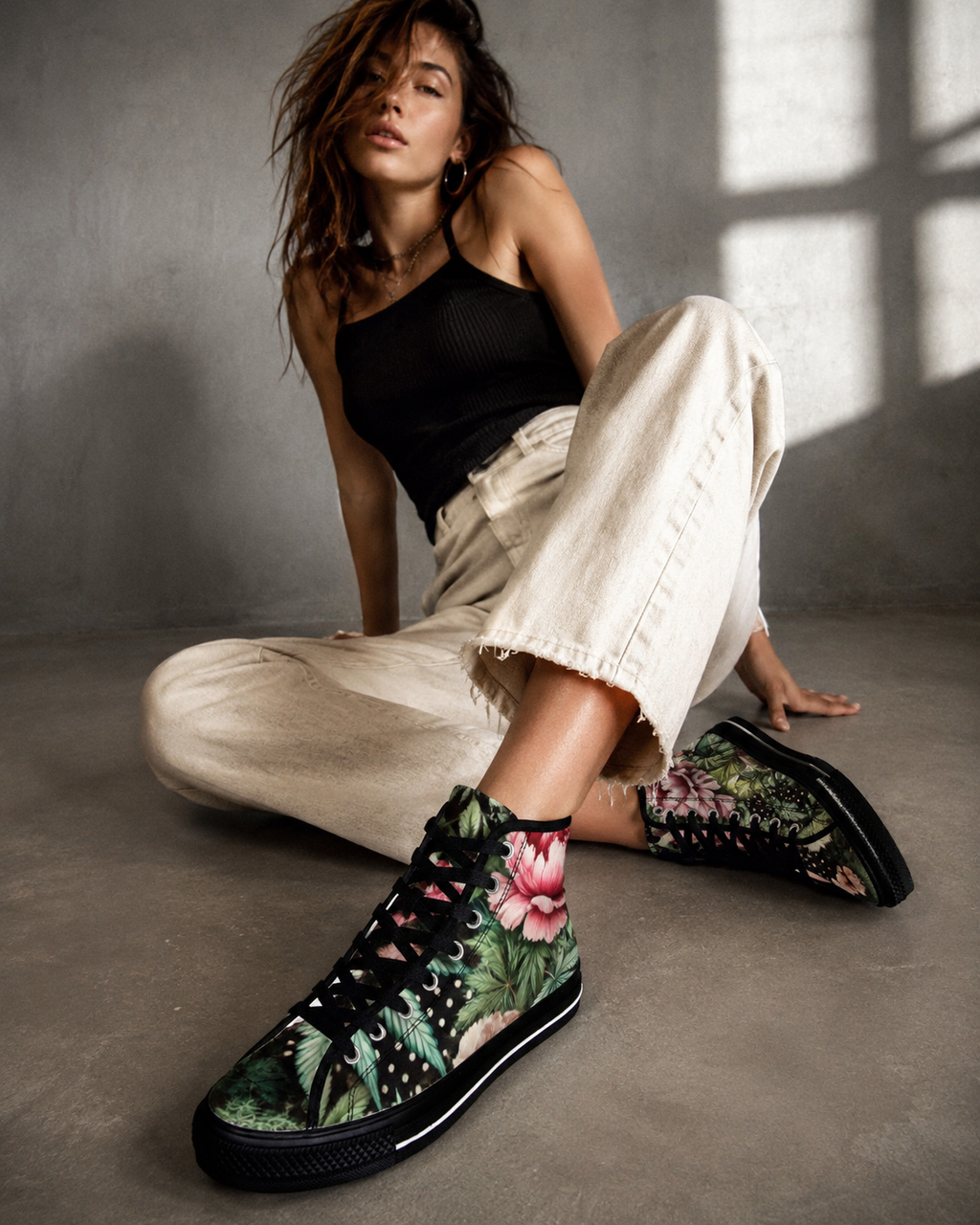 Jane Dope pot and peony floral print women's high top canvas sneakers, lifestyle shot on model