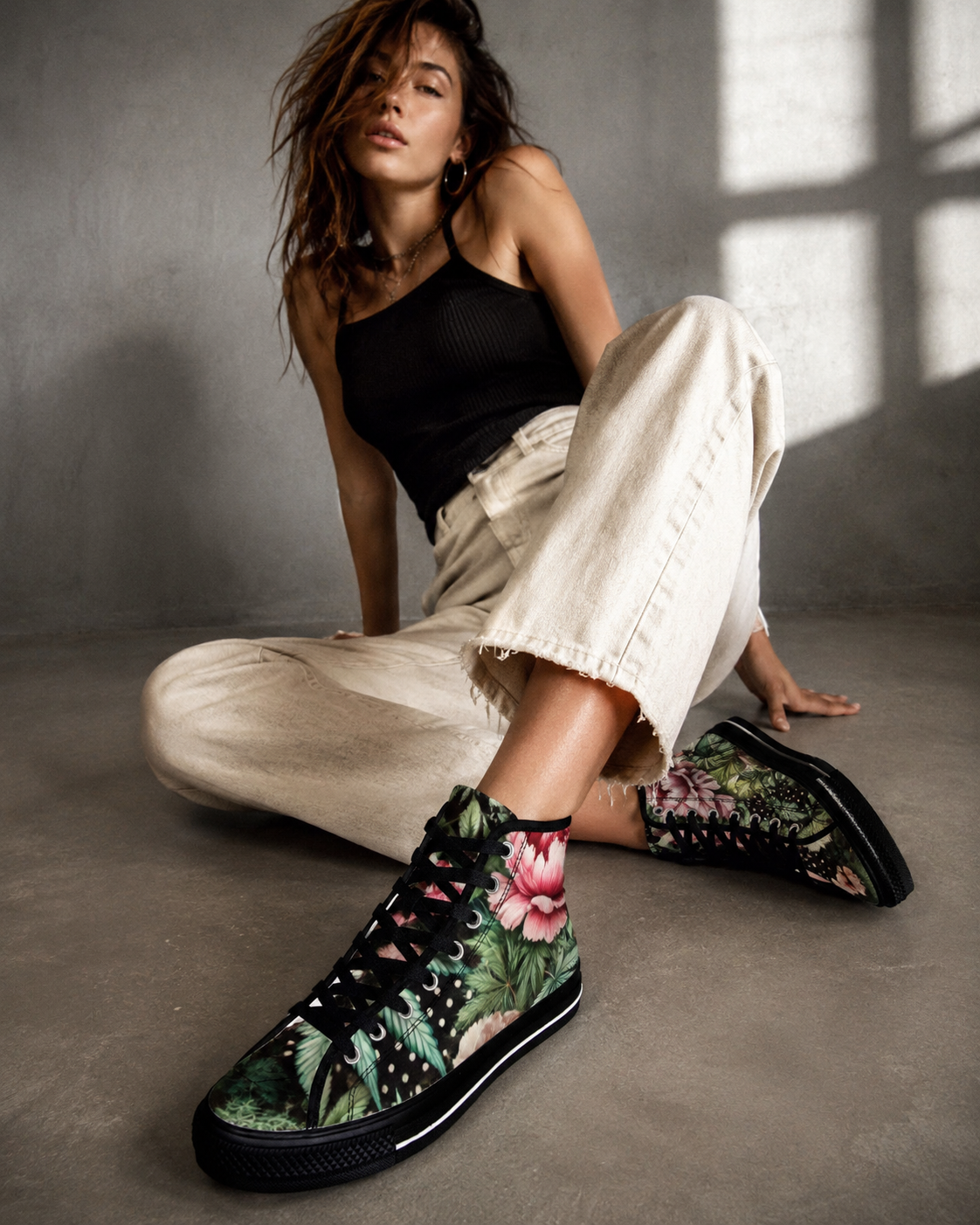 Jane Dope pot and peony floral print women's high top canvas sneakers, lifestyle shot on model