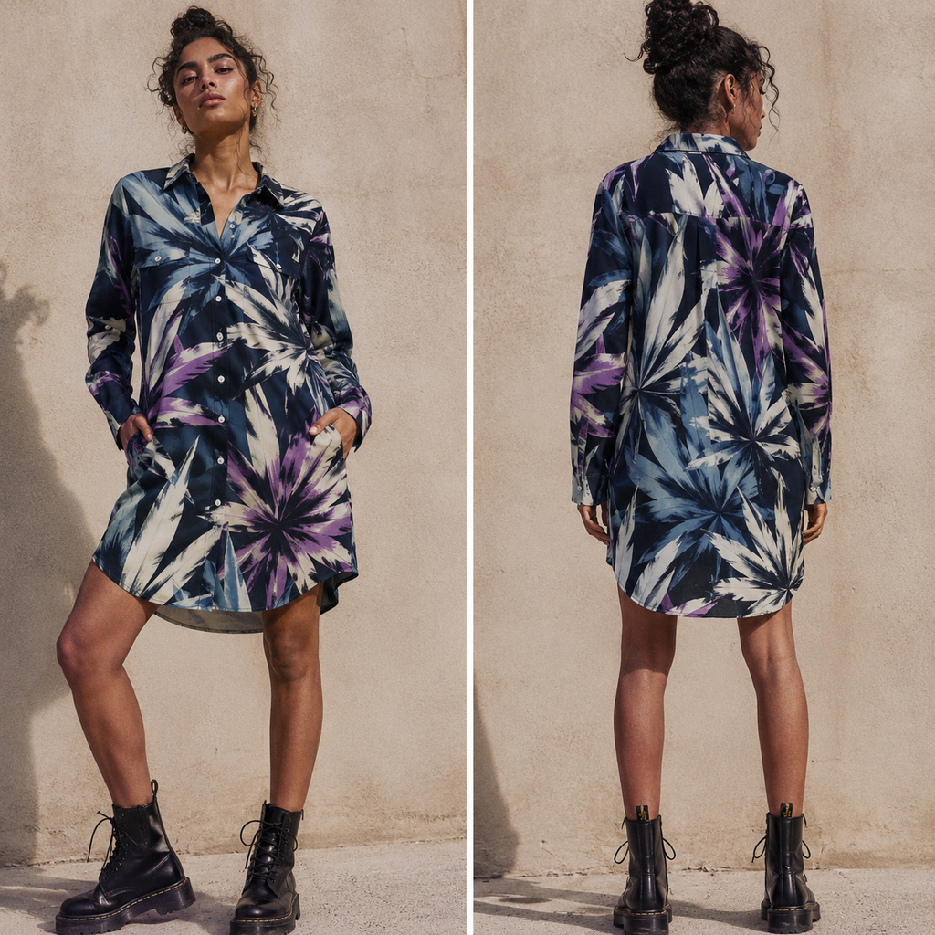 Jane Dope indigo haze print long shirt dress, front view on model