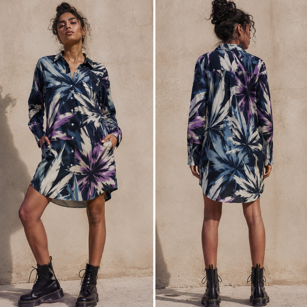 Jane Dope indigo haze print long shirt dress, front view on model