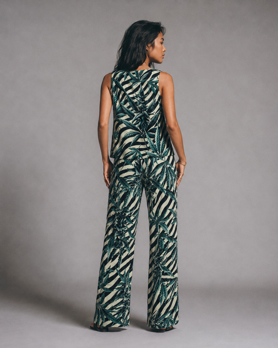 Jane Dope stripes and buds zebra print chiffon crop top and wide-leg pants set, back view on model