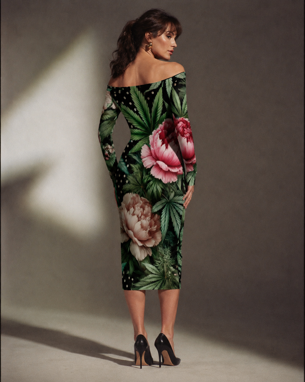 Peony and pot floral print off-the-shoulder long sleeve dress, back view on model