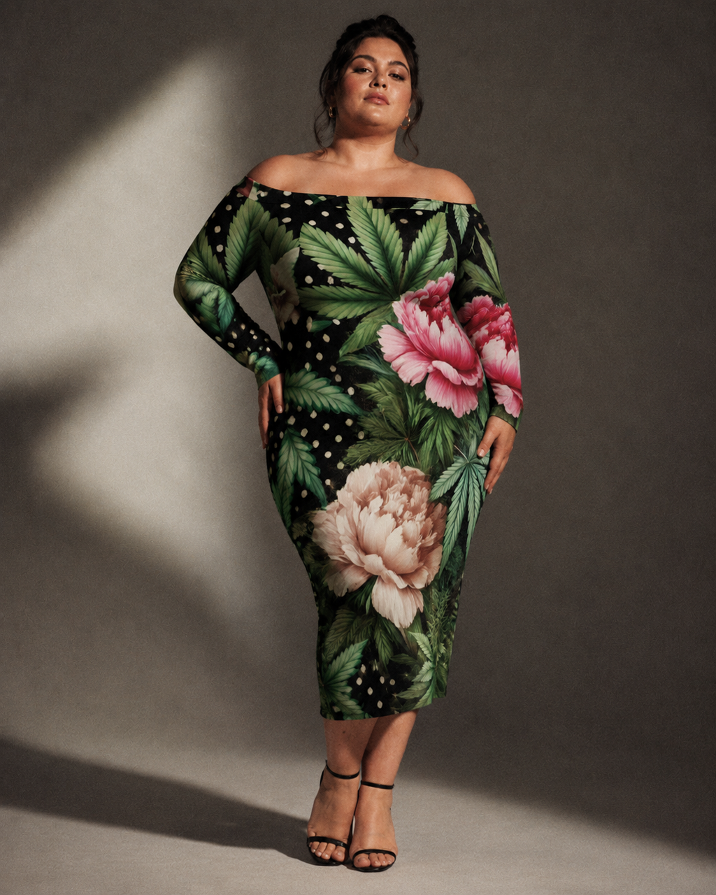 Peony and pot floral print off-the-shoulder dress, side view on model