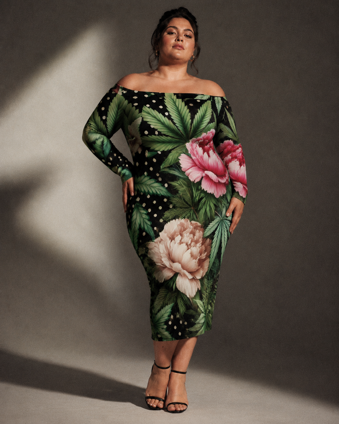 Peony and pot floral print off-the-shoulder dress, side view on model