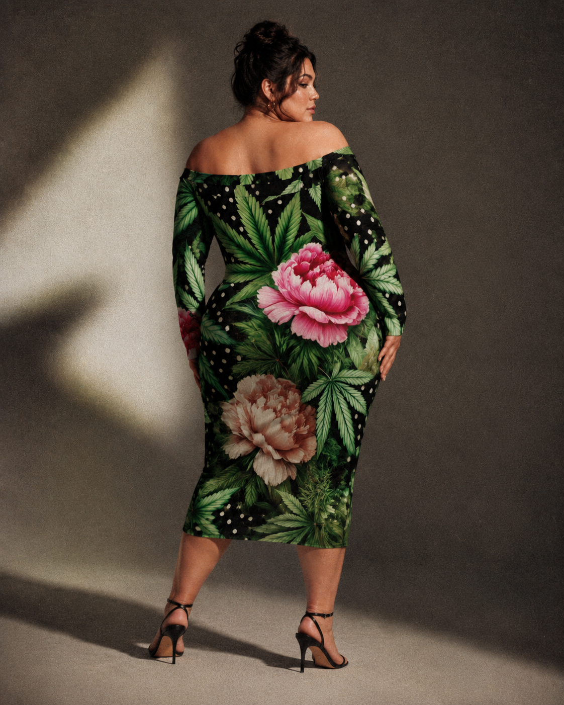 Peony and pot floral print off-the-shoulder dress, three-quarter view on model