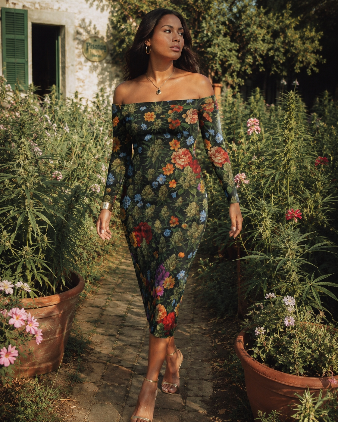 Floral bloom print off-the-shoulder long sleeve dress, lifestyle editorial shot on model