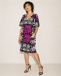 Jane Dope DANK! hot pink graffiti print cotton pocket dress, front view on model
