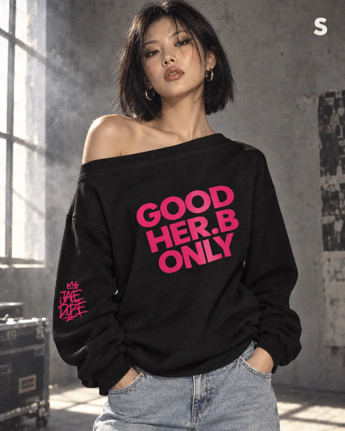 GOOD HER.B ONLY off-shoulder micro-fleece sweatshirt in black, size S