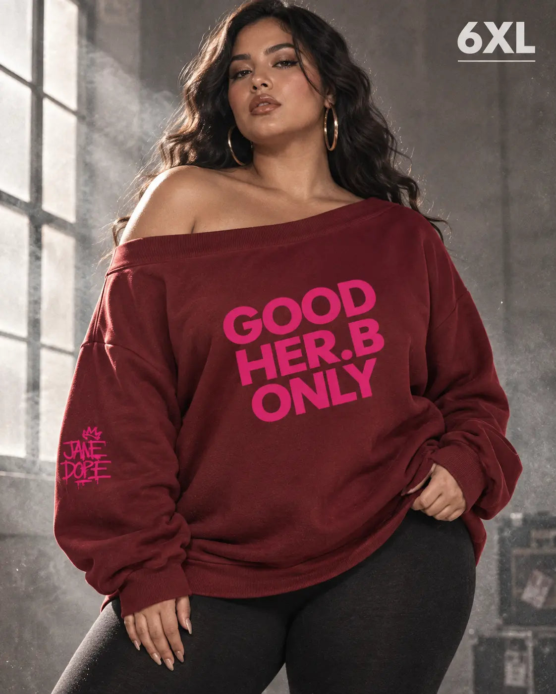 GOOD HER.B ONLY off-shoulder micro-fleece sweatshirt in burgundy, size 6XL