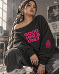 GOOD HER.B ONLY off-shoulder micro-fleece sweatshirt in dark gray, size 5XL