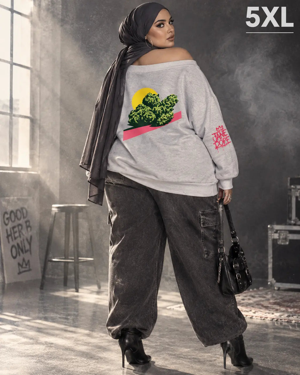 GOOD HER.B ONLY off-shoulder micro-fleece sweatshirt in gray, size 5XL
