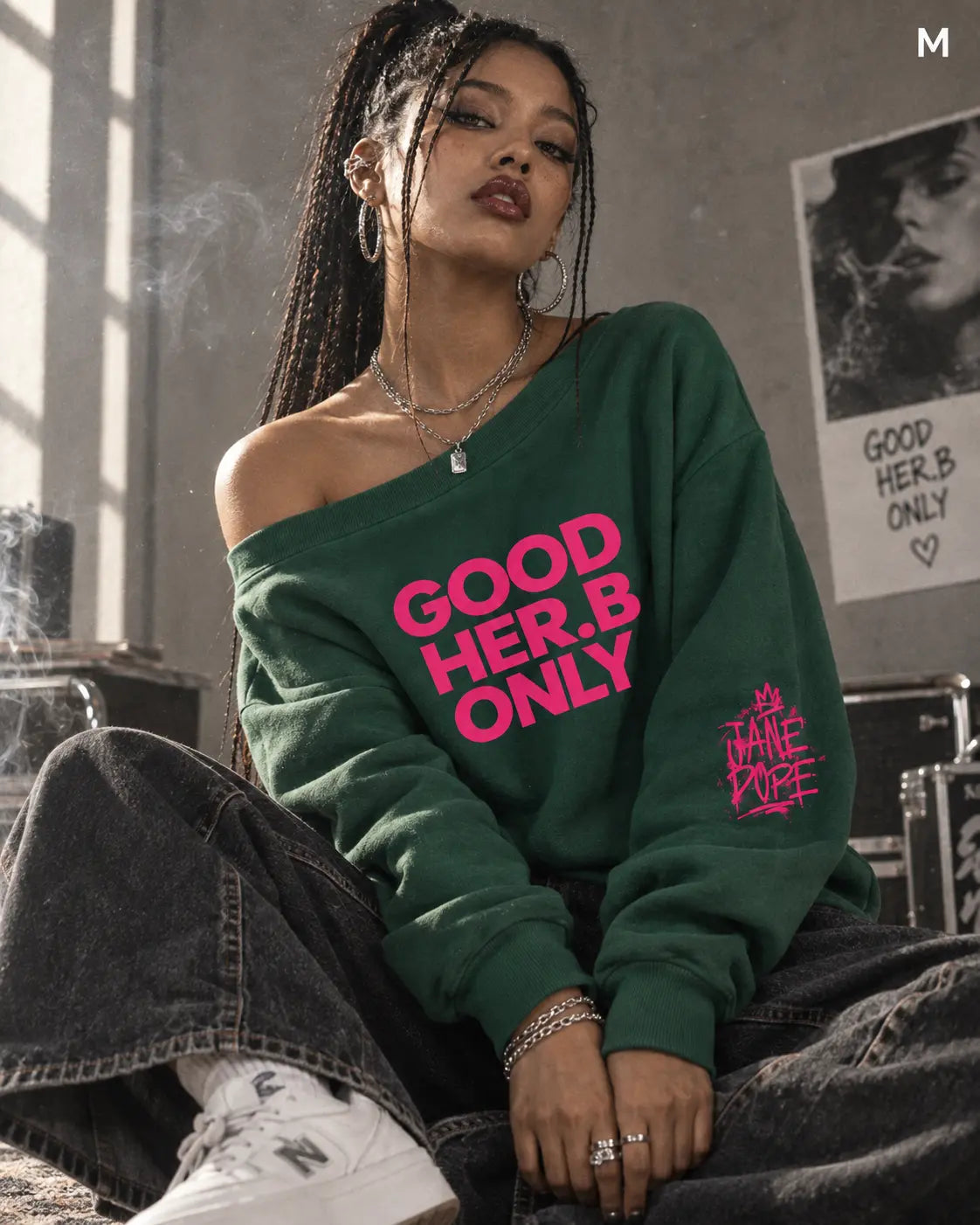GOOD HER.B ONLY off-shoulder micro-fleece sweatshirt in green