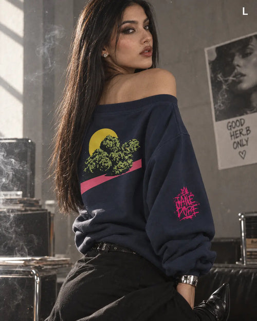 GOOD HER.B ONLY off-shoulder micro-fleece sweatshirt in navy, size L