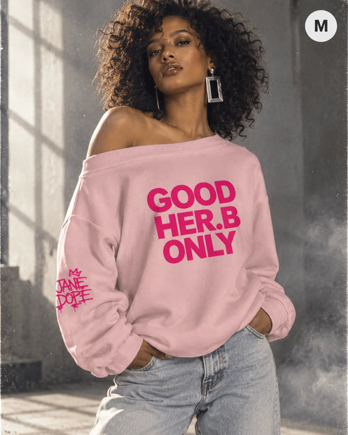 GOOD HER.B ONLY off-shoulder micro-fleece sweatshirt in pink, size M