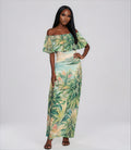 Ganja breeze tropical print off-shoulder dress, front view on model