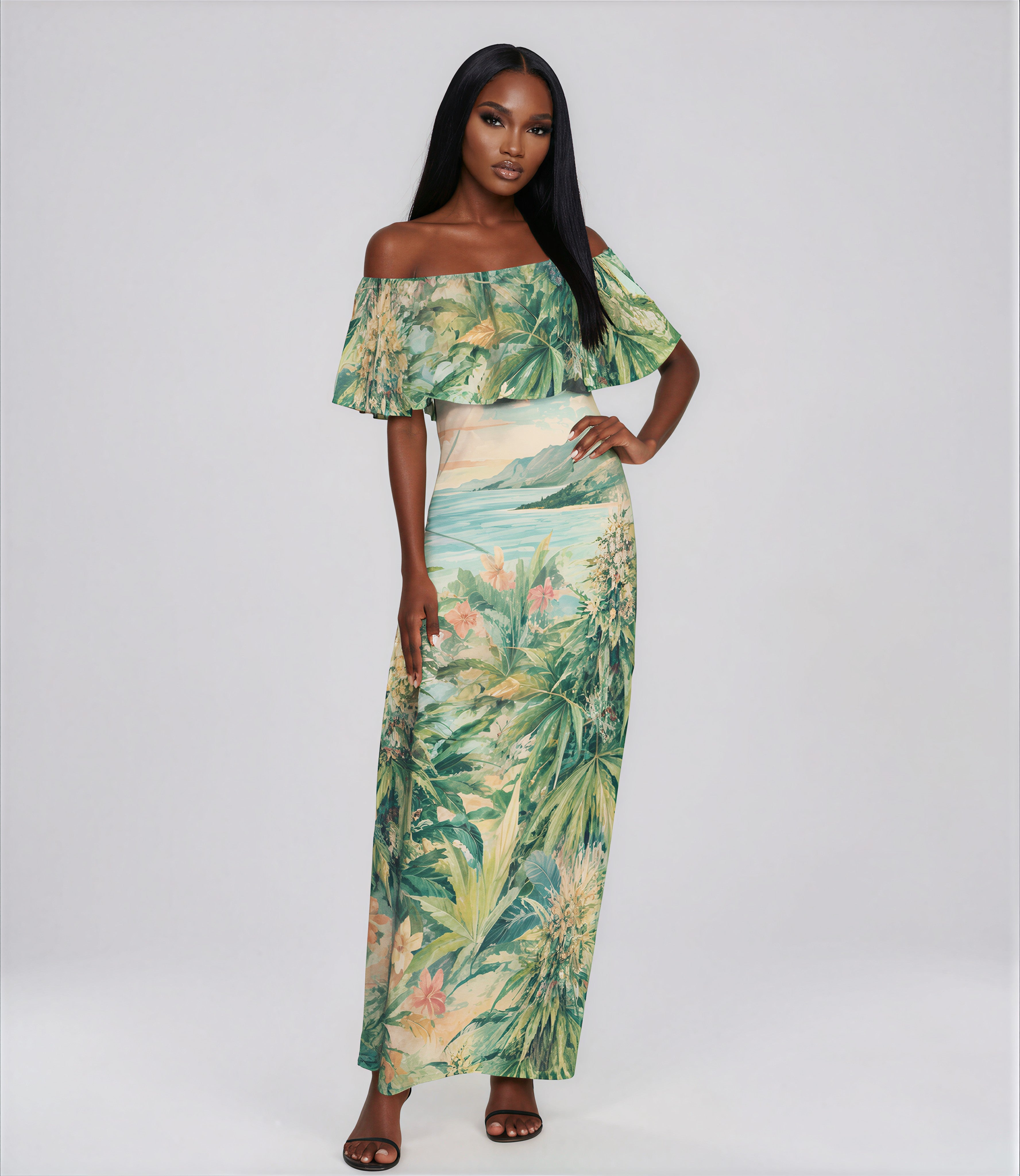 Woman wearing a tropical print off-shoulder top and skirt on a white background