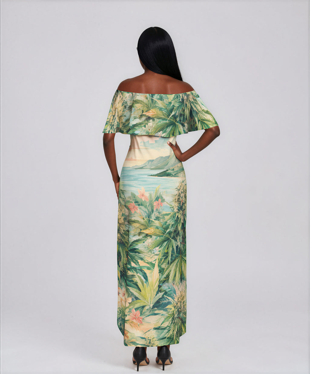 Ganja breeze tropical print off-shoulder dress, three-quarter view on model