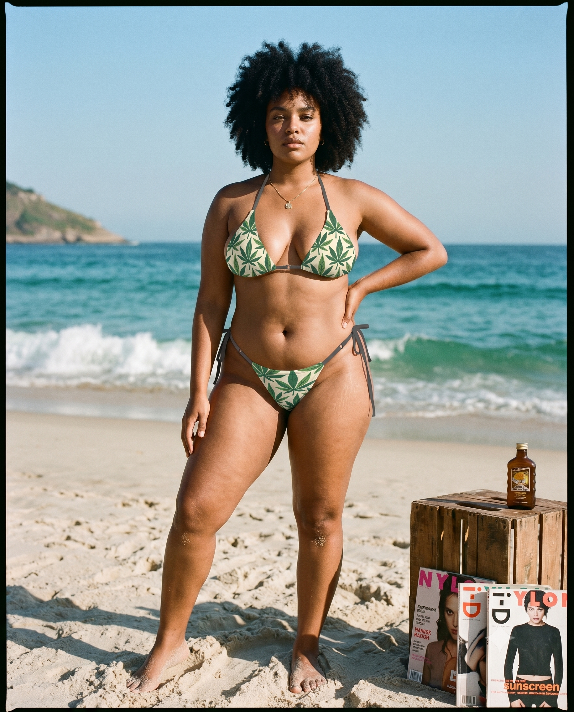 Kush cannabis leaf print string bikini, tie detail close-up