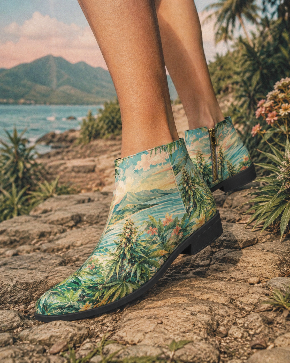 Tropical patterned boots worn outdoors with a scenic background