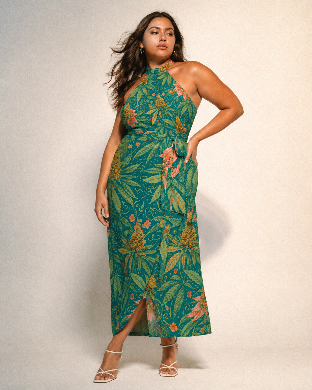 Jane Dope Kush Wrap Halter Dress — all-over print wrap silhouette with belt tie