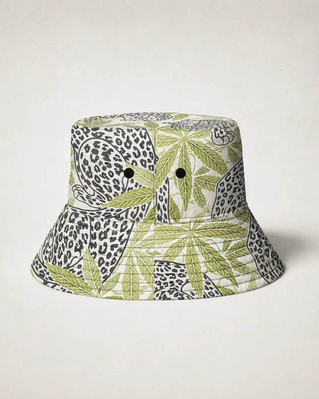 Leopard print bucket hat, back view on model