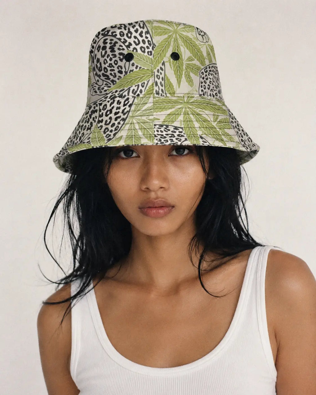 Jane Dope leopard print unisex summer bucket hat, lifestyle front view