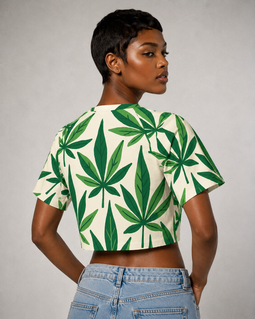 Green cannabis leaf print cropped raglan t-shirt, back view on model