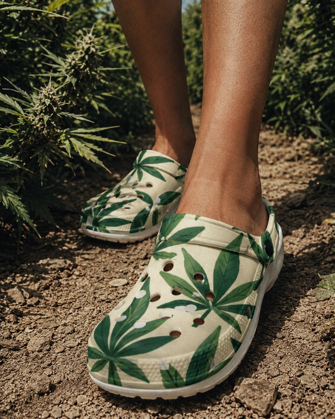Leaf print foam clogs, top-down view showing print detail