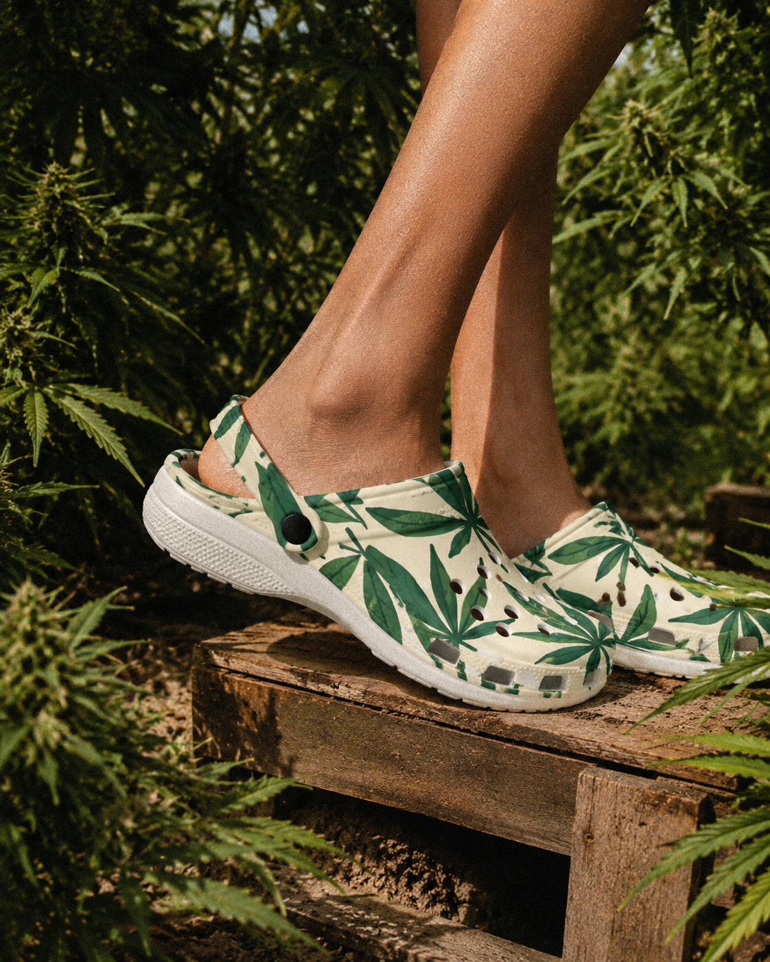 Jane Dope leaf print foam clogs, front view on model
