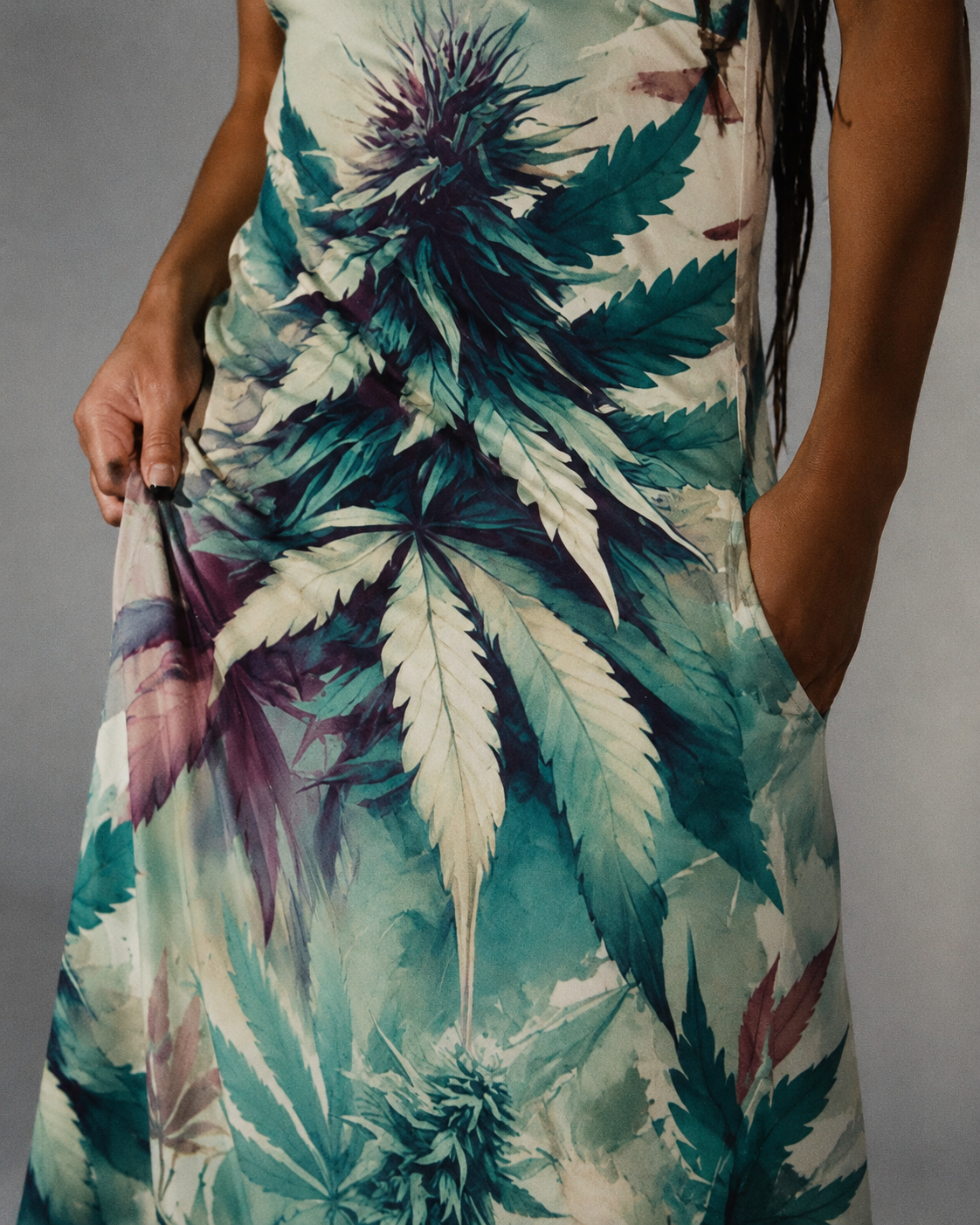 Cola Love graphic print long pocket dress, close-up showing print and pocket detail