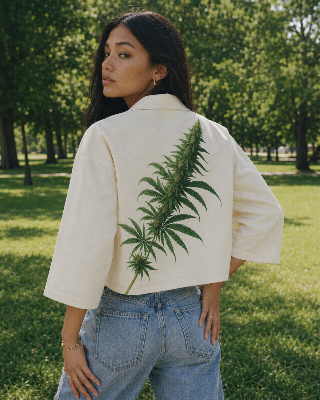 Floral bloom print cropped cotton jacket, side view on model