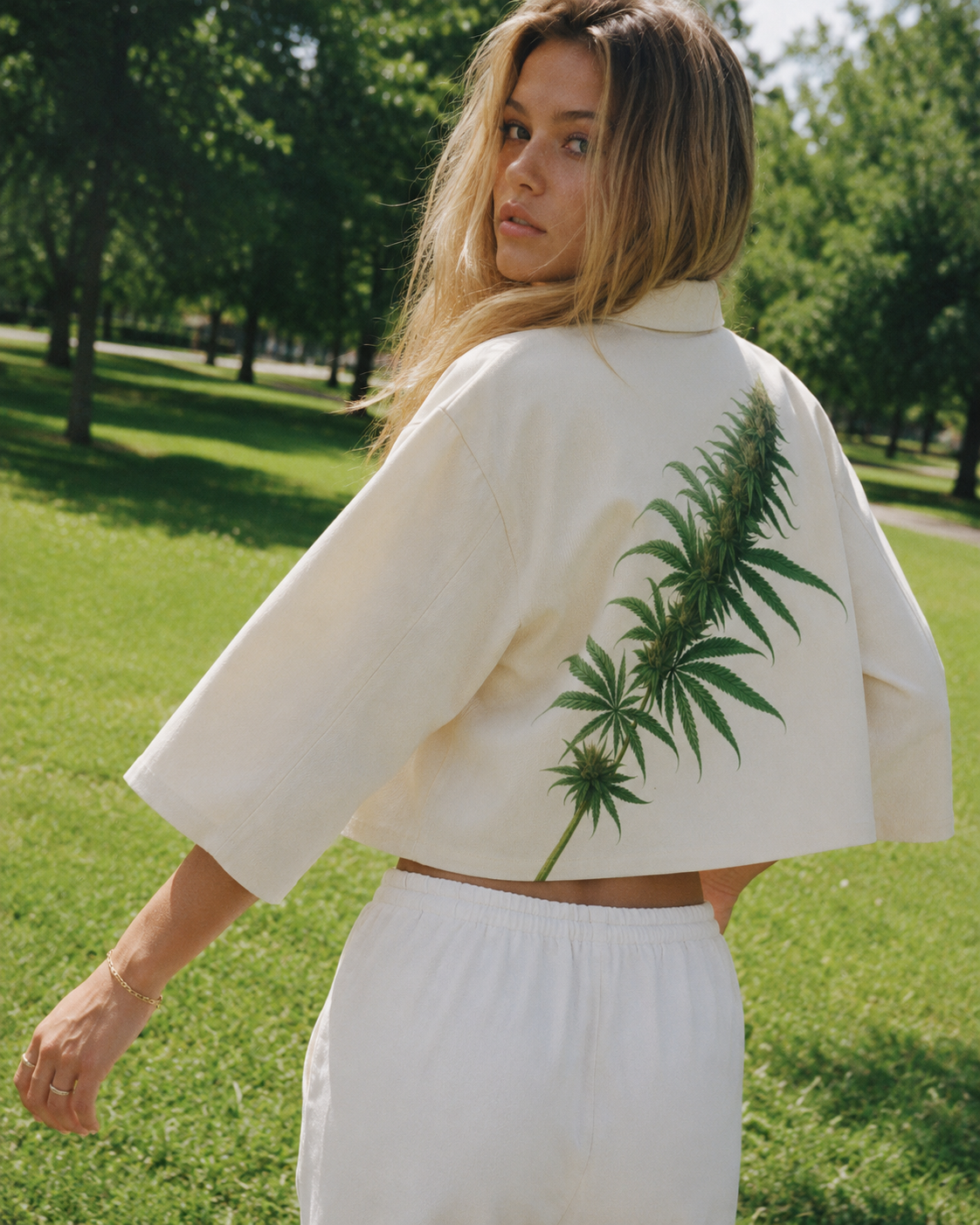 Floral bloom print cropped cotton jacket, lifestyle editorial shot on model
