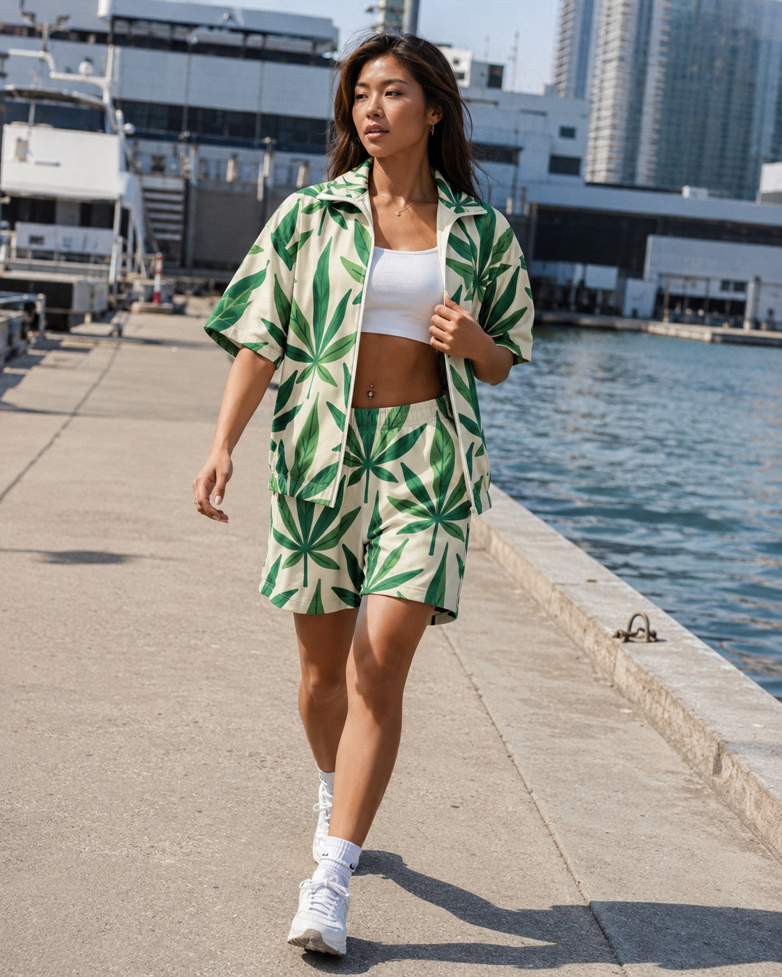 All-over print windbreaker and shorts set, three-quarter view on model