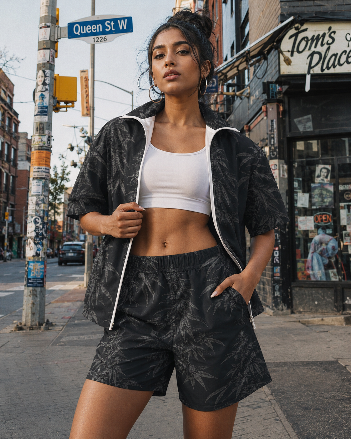 All-over print windbreaker and shorts set, full length view on model outdoors