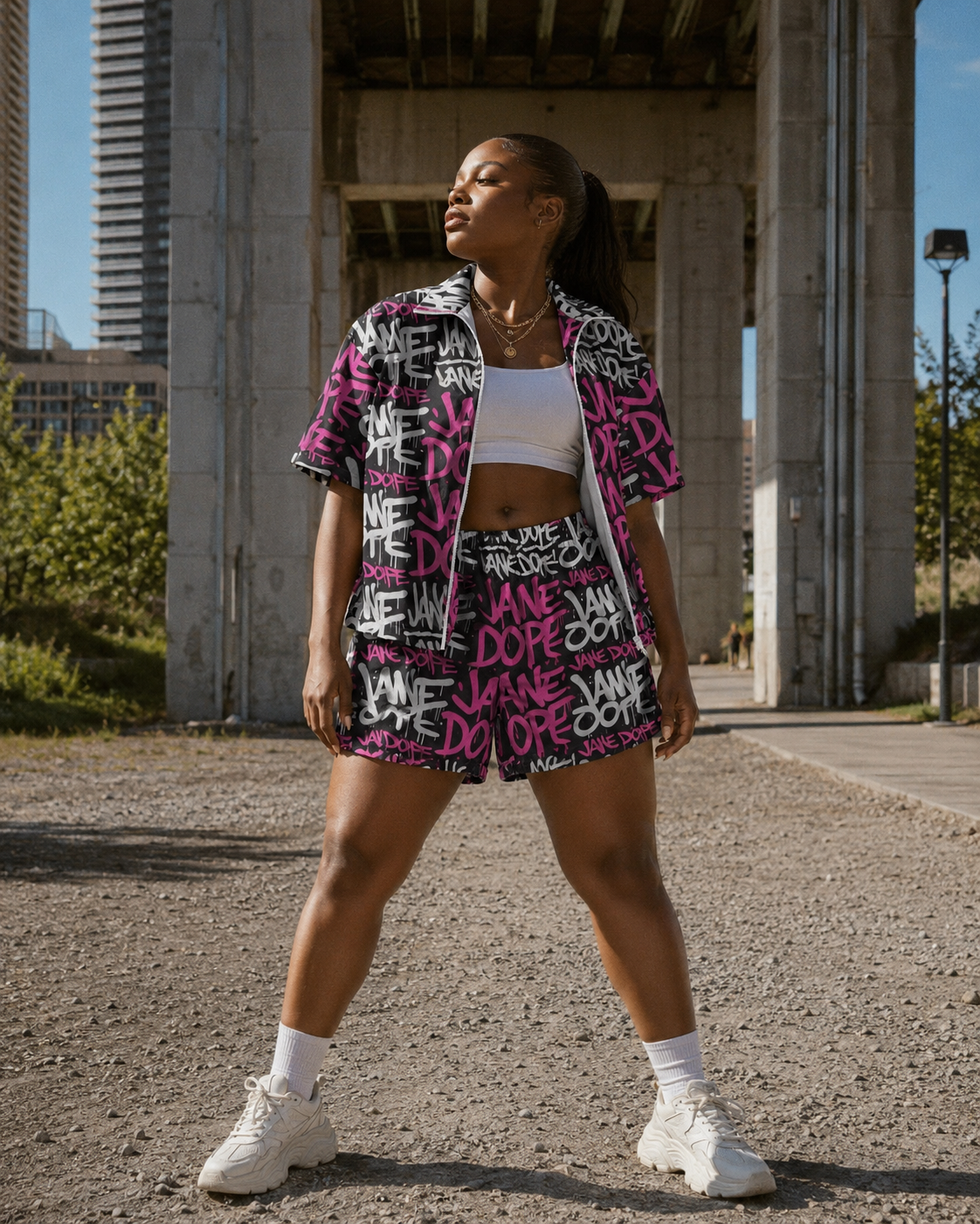 All-over print windbreaker and shorts set, side view on model