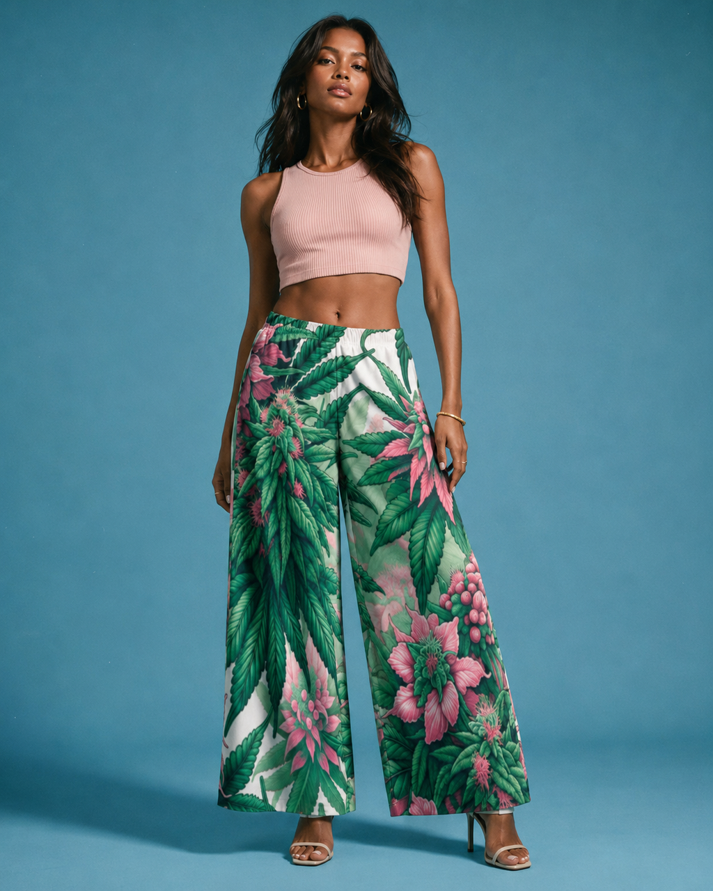 Jane Dope pink haze floral print wide leg flow pants, front view on model