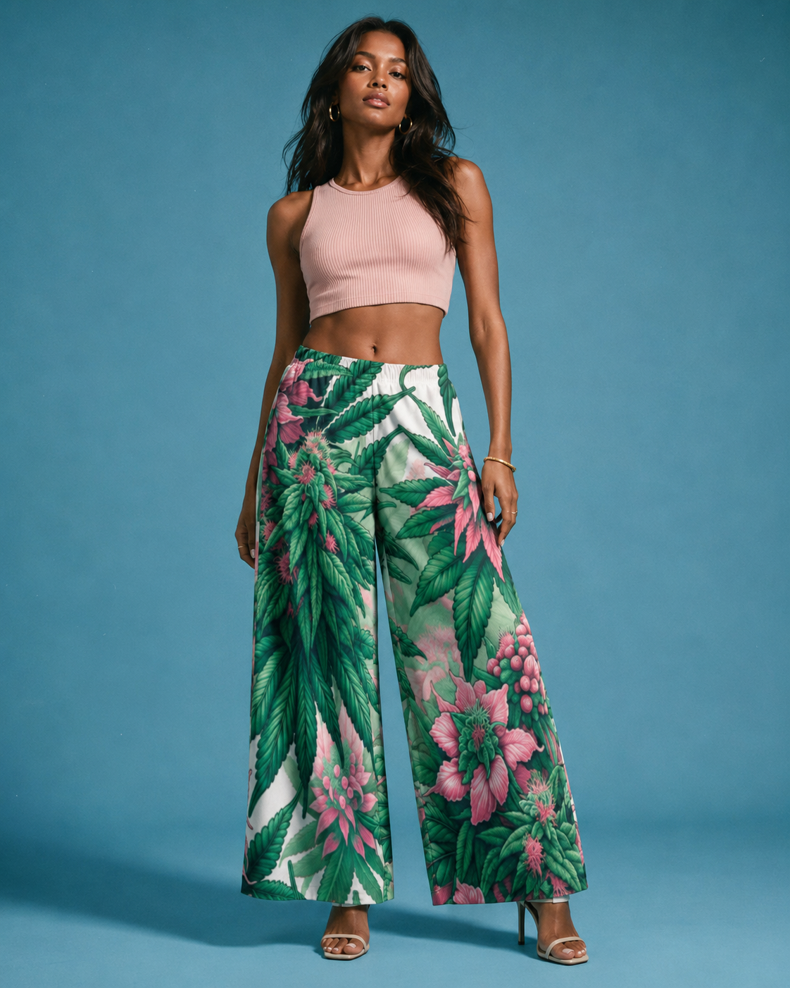Jane Dope pink haze floral print wide leg flow pants, front view on model