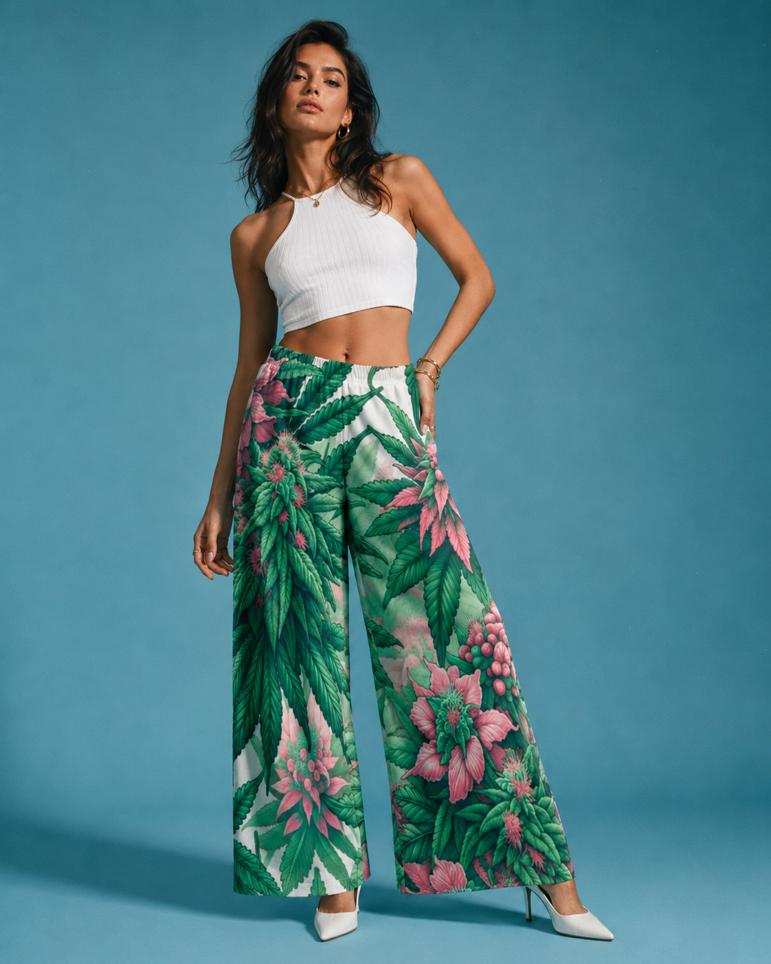 Pink haze floral print wide leg flow pants, back view on model