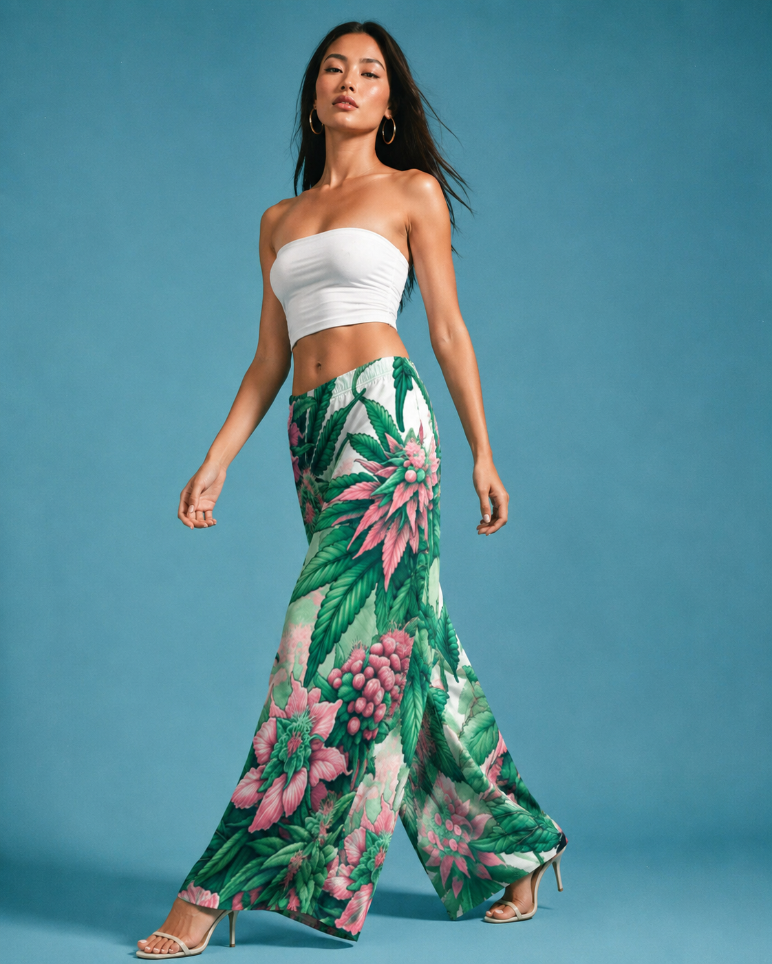 Pink haze floral print wide leg flow pants, three-quarter view on model