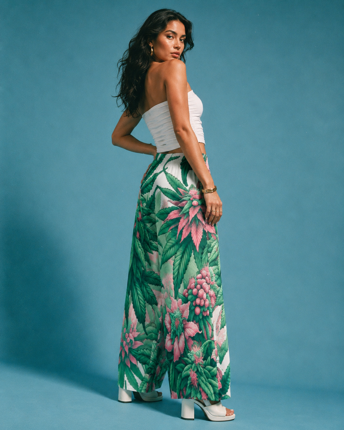 Pink haze floral print wide leg flow pants, side view on model