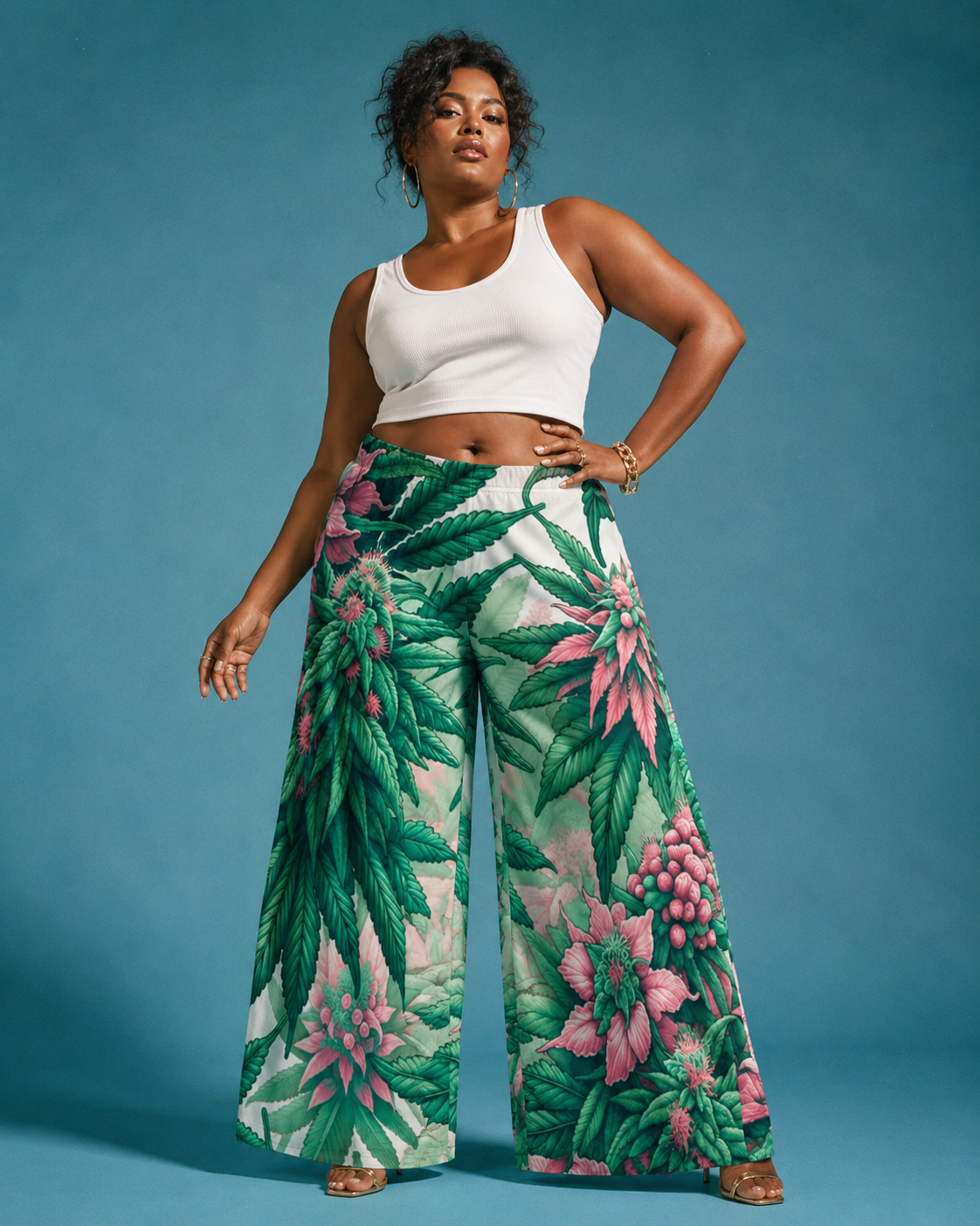 Pink haze floral print wide leg flow pants, walking shot showing fabric movement