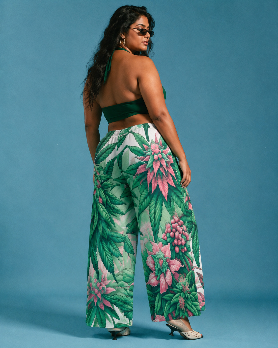 Pink haze floral print wide leg flow pants, lifestyle editorial shot on model