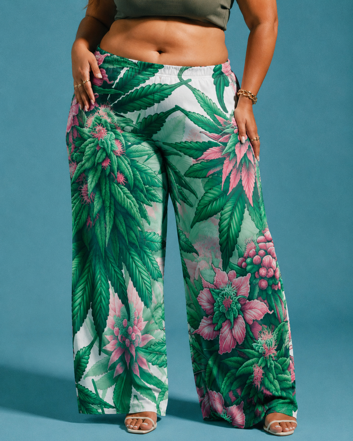 Pink haze floral print wide leg flow pants, full length view on model outdoors