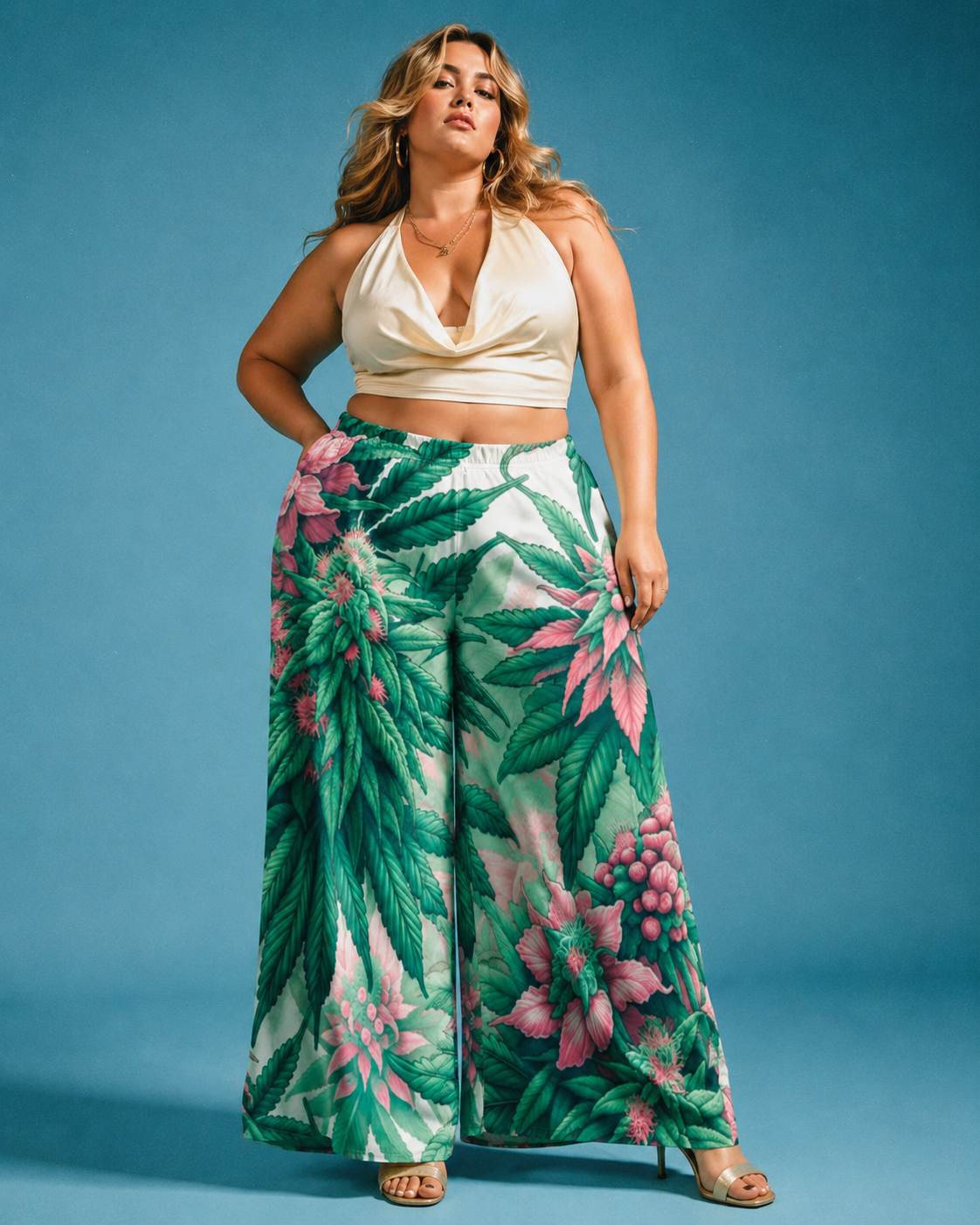 Pink haze floral print wide leg flow pants, seated lifestyle shot on model