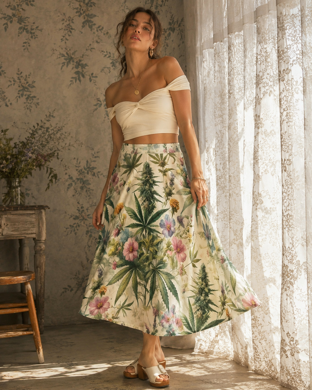 Jane Dope HER.B floral garden print pleated midi skirt, front view on model