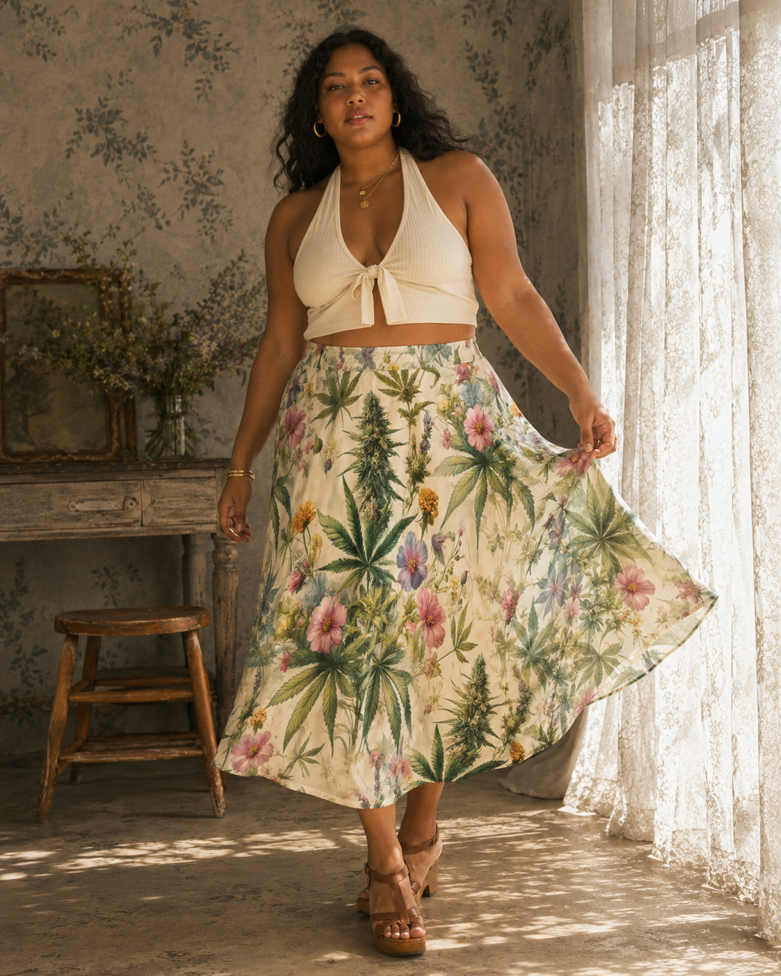 HER.B floral garden print pleated midi skirt, back view on model
